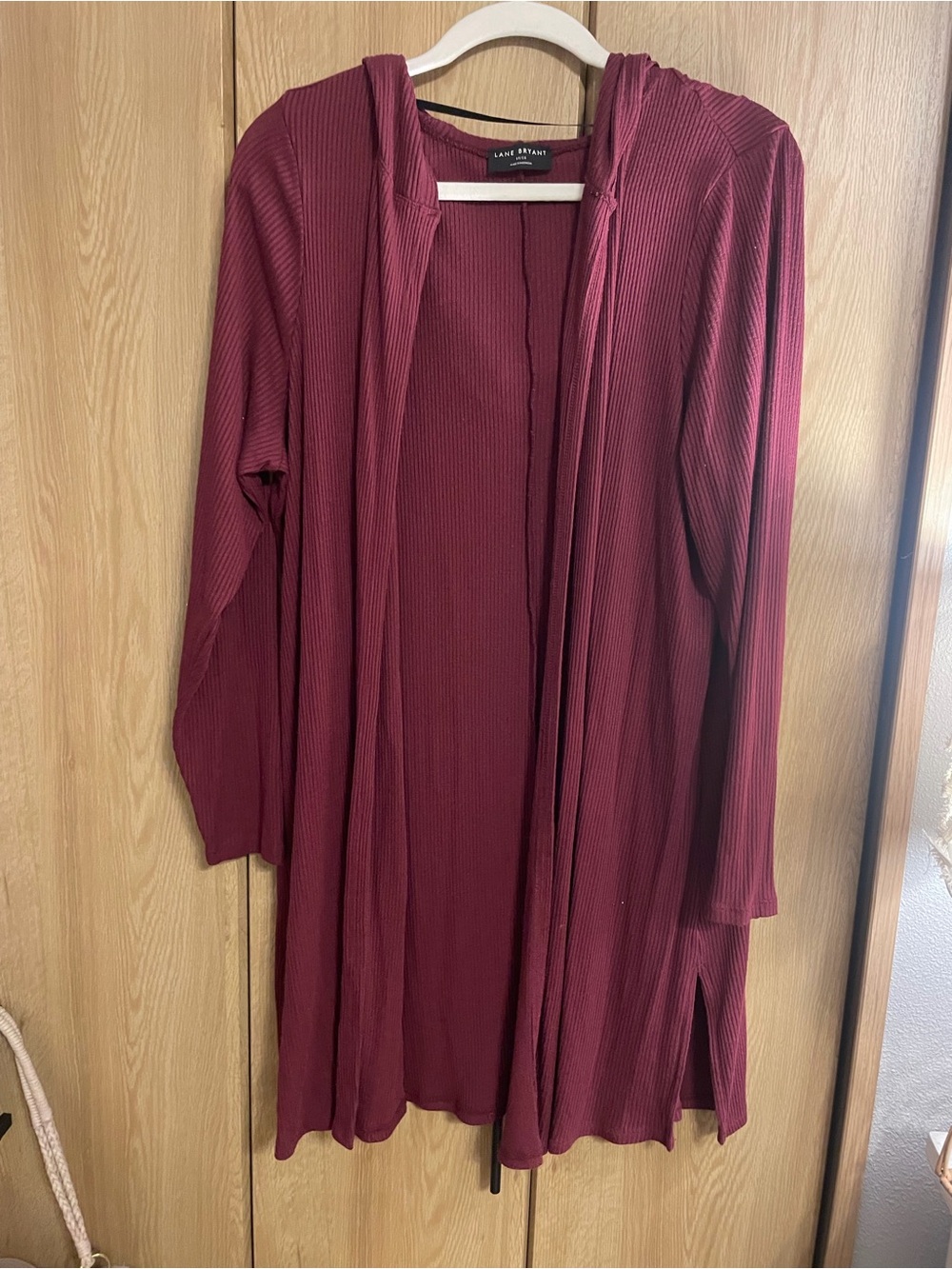 Lane Bryant Ribbed Open-Front Hooded Cardigan - Burgundy